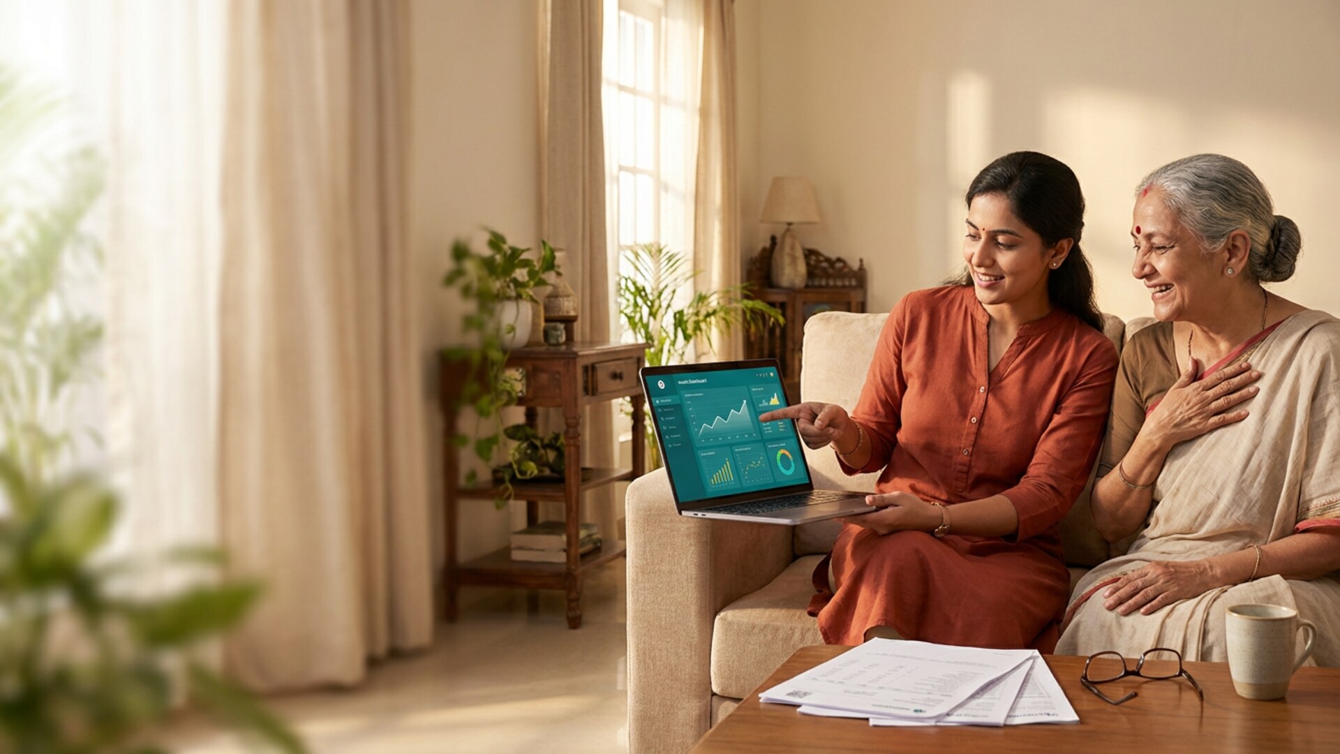 Mother checking health dashboard during breakfast with daughter