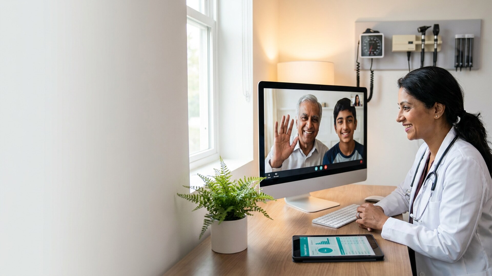 Doctor on telehealth video call with family
